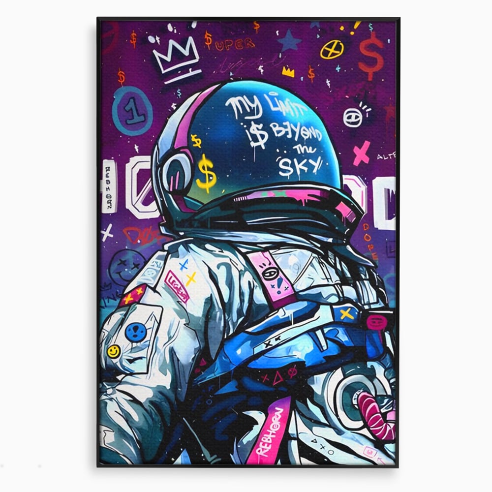 Tablou canvas cu tablou canvas cu astronaut graffiti, in rama de aluminiu negru